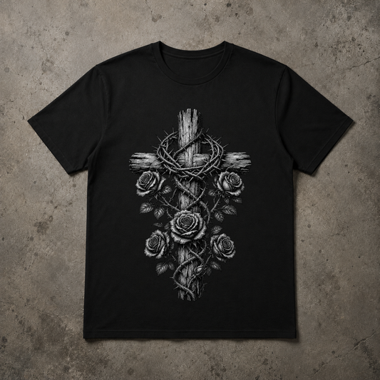 A black short-sleeve crewneck t-shirt featuring a detailed graphic print of a wooden cross wrapped in thorny crown of thorns and adorned with roses, displayed flat against a textured gray concrete background.