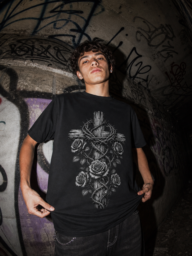A young man wearing a black t-shirt with a detailed white and gray graphic of a cross wrapped in chains and adorned with roses, standing in front of a graffiti-covered concrete wall.