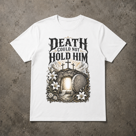 flat lay image of a white short sleeve tshirt with image of an empty tomb and 3 crosses on a hill with text Death Could Not Hold Him