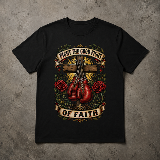 A black short-sleeve t-shirt with a detailed graphic print on the front, laid flat on a textured gray concrete background. The graphic features a wooden cross, red boxing gloves, red roses, and banners reading 'FIGHT THE GOOD FIGHT OF FAITH'.