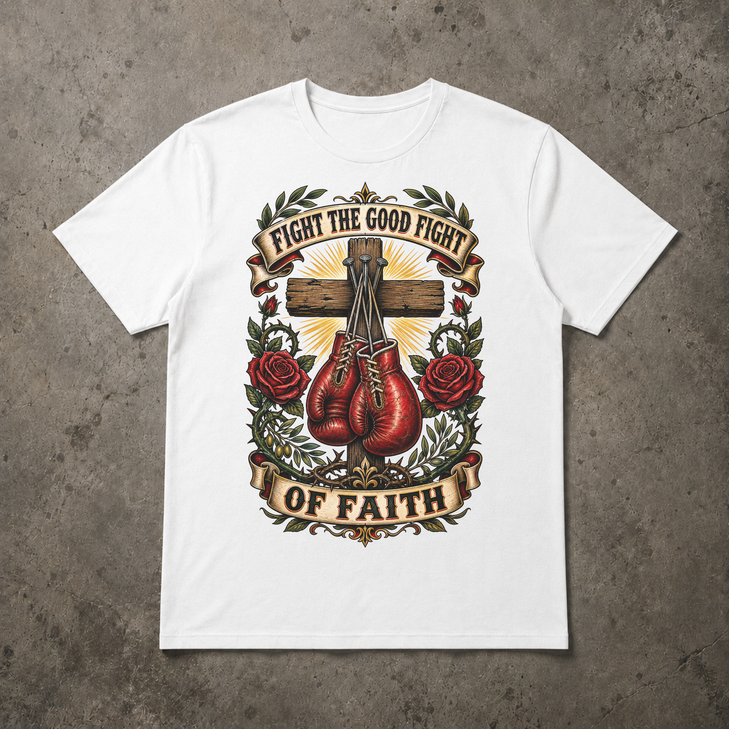 A white short-sleeve crewneck t-shirt with a detailed graphic print on the front, laid flat on a textured gray concrete background. The graphic features a wooden cross, red boxing gloves, red roses, and banners reading 'FIGHT THE GOOD FIGHT' and 'OF FAITH'.