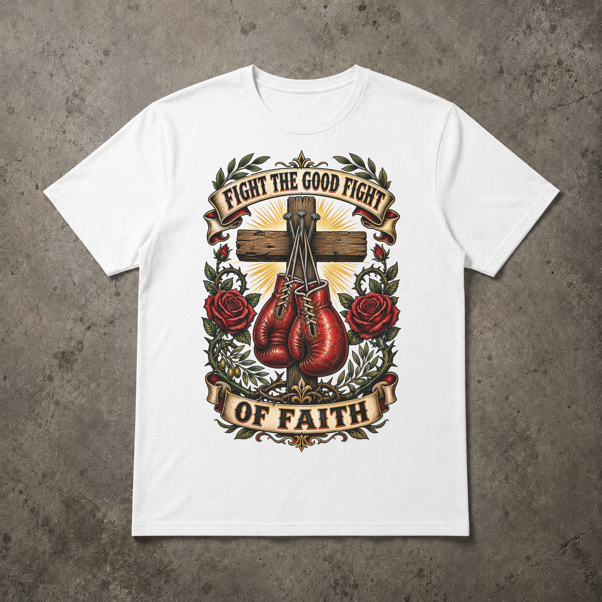 A white short-sleeve crewneck t-shirt with a detailed graphic print on the front, laid flat on a textured gray concrete background. The graphic features a wooden cross, red boxing gloves, red roses, and banners reading 'FIGHT THE GOOD FIGHT' and 'OF FAITH'.