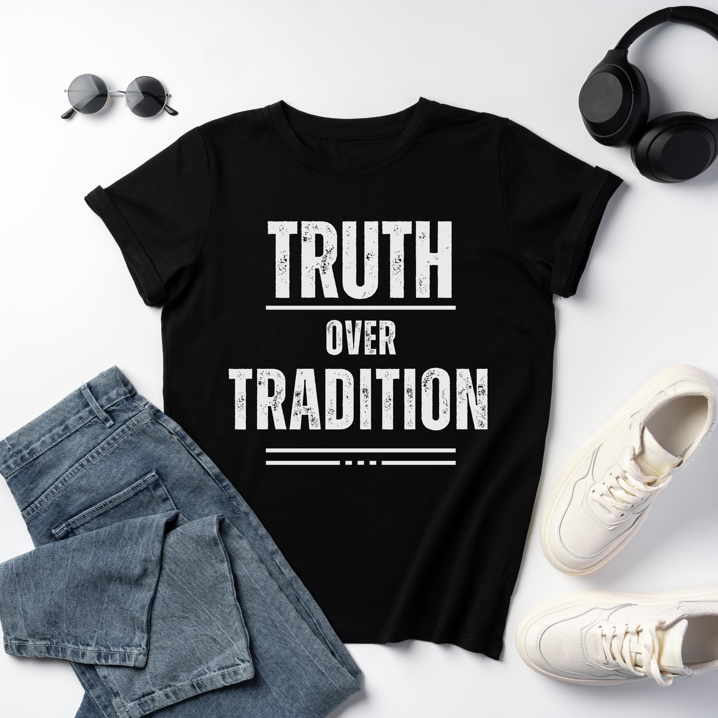 flat lay black christian tshirt short sleeve crewneck truth over tradition