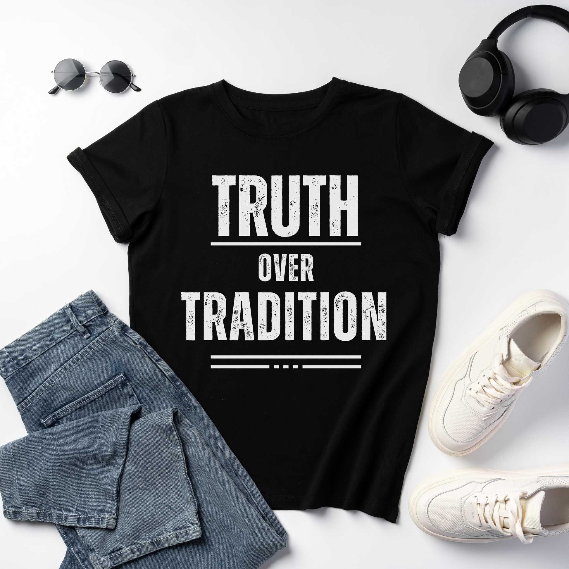 flat lay black christian tshirt short sleeve crewneck truth over tradition