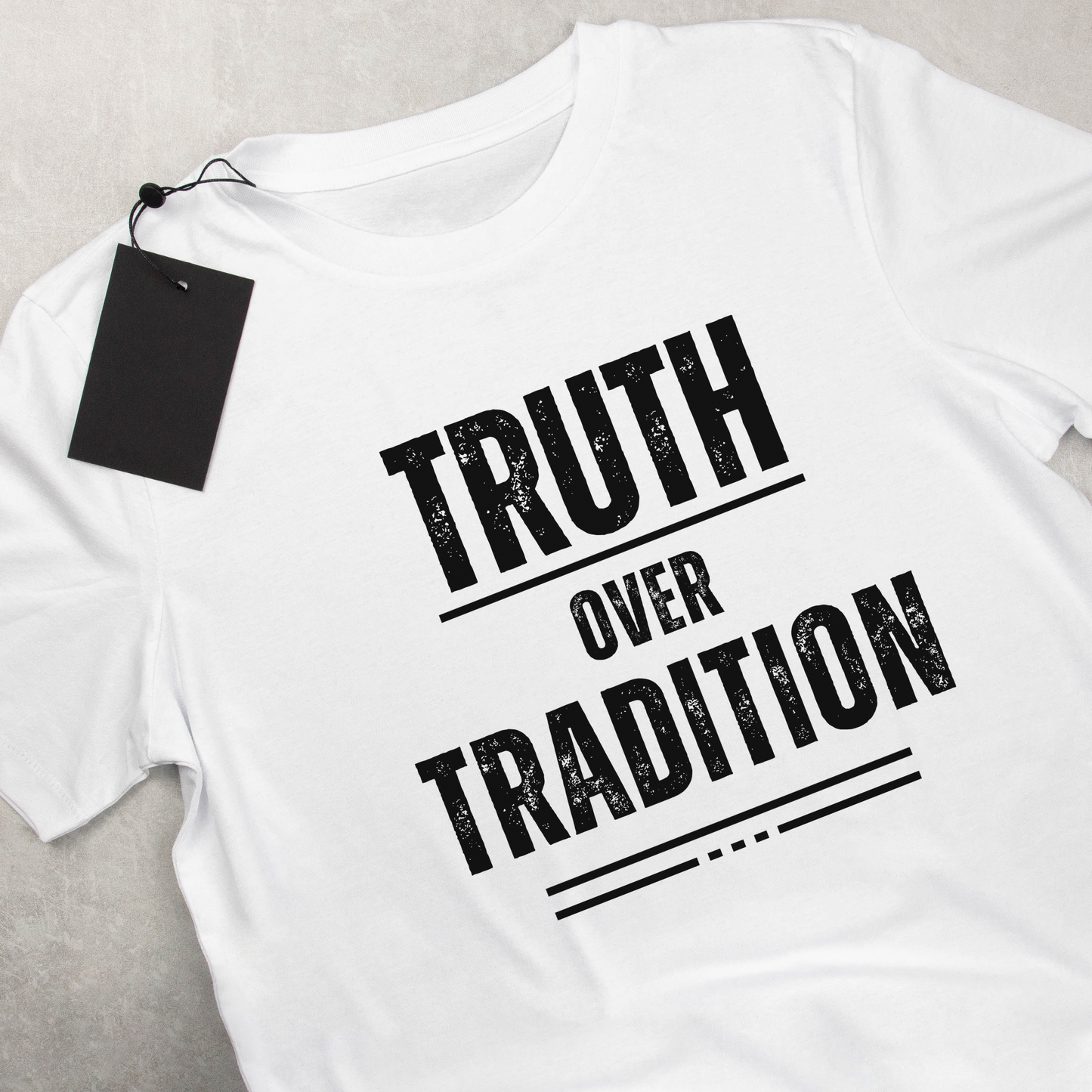 flat lay close up, white christian short sleeve shirt, truth over tradition