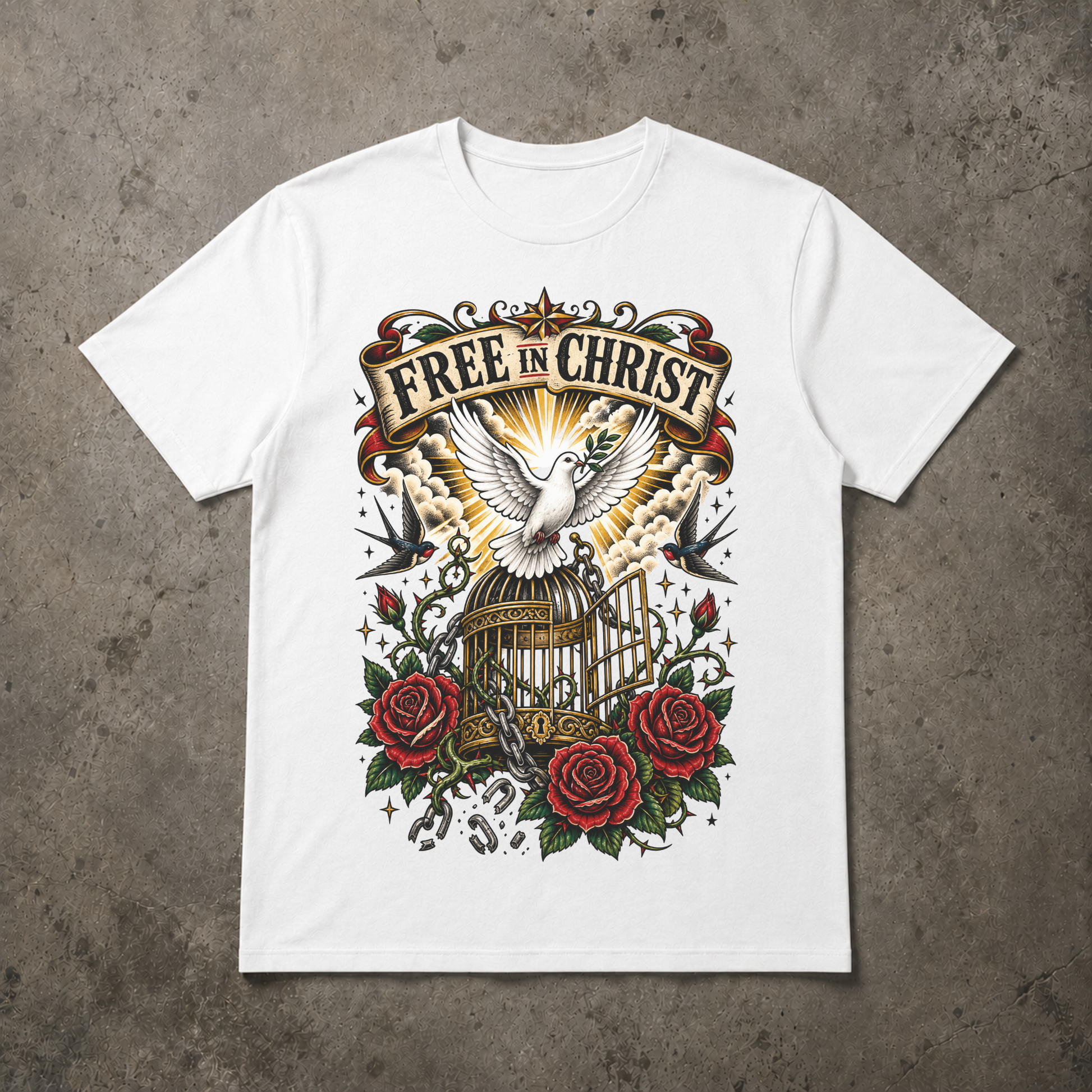 flat lay image of a white short sleeve tshirt that says free in christ with a dove breaking free of a bird cage surrounded by roses