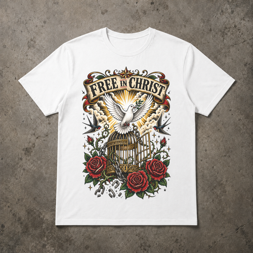 flat lay image of a white short sleeve tshirt that says free in christ with a dove breaking free of a bird cage surrounded by roses