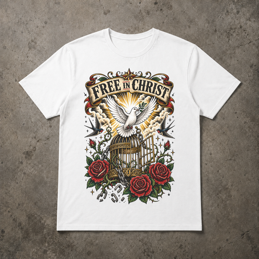 flat lay image of a white short sleeve tshirt that says free in christ with a dove breaking free of a bird cage surrounded by roses