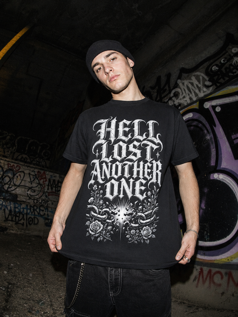 A man wearing a black beanie and a black graphic t-shirt with the text 'HELL LOST ANOTHER ONE' in a white gothic font, standing in a graffiti-covered concrete tunnel.
