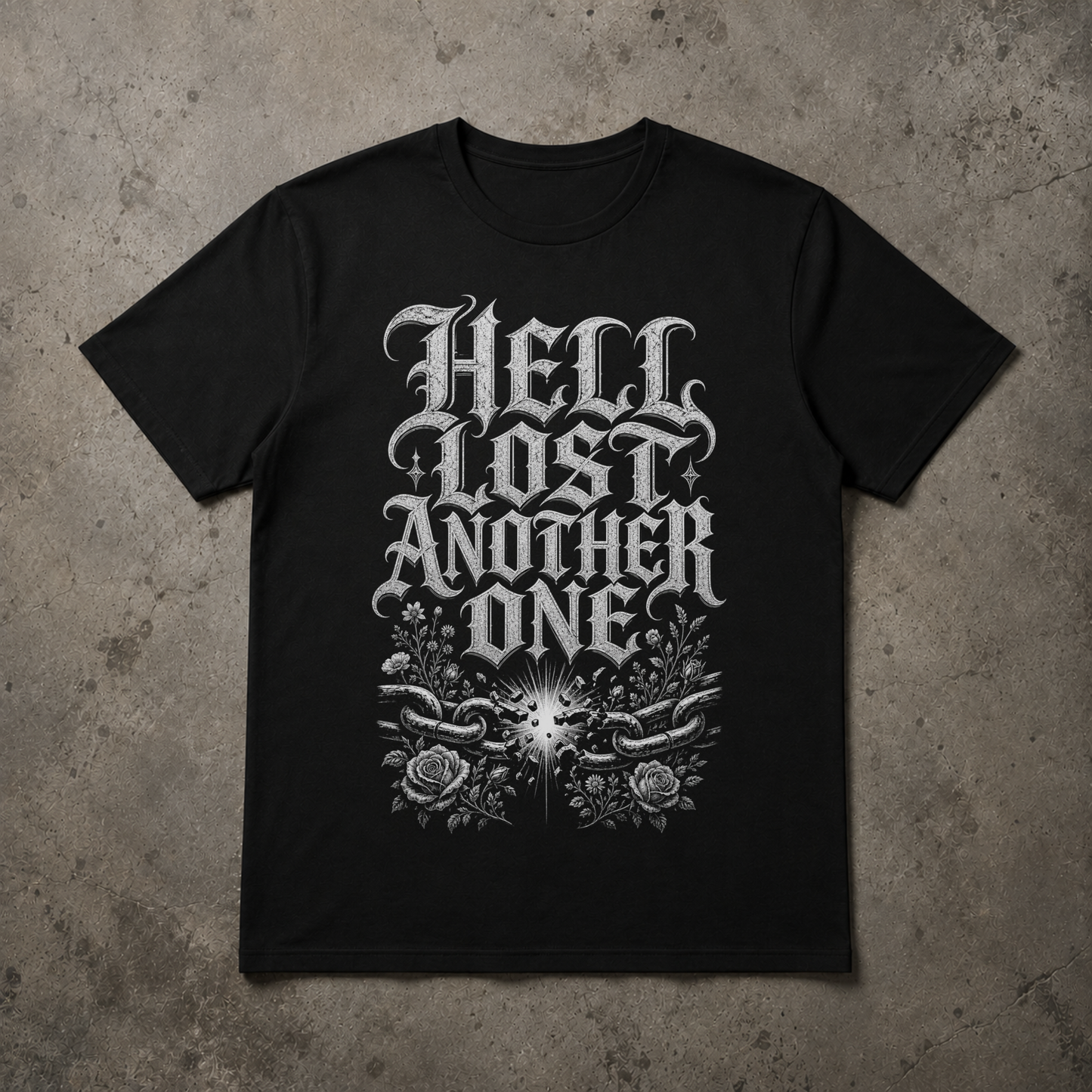 A black short-sleeve t-shirt with a large white gothic-style graphic reading 'HELL LOST ANOTHER ONE' above a floral and chain design, laid flat on a textured gray concrete background.