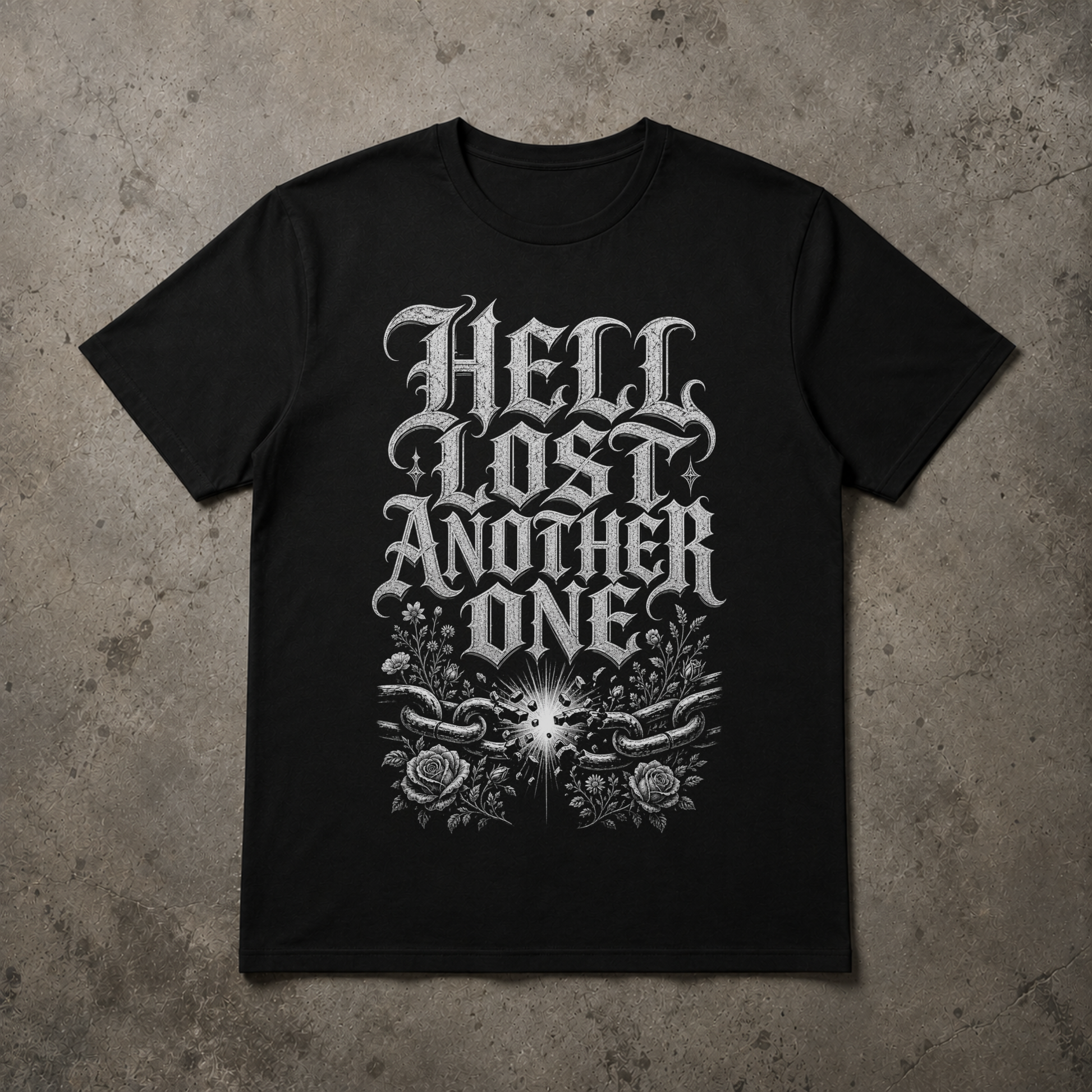 A black short-sleeve t-shirt with a large white gothic-style graphic reading 'HELL LOST ANOTHER ONE' above a floral and chain design, laid flat on a textured gray concrete background.