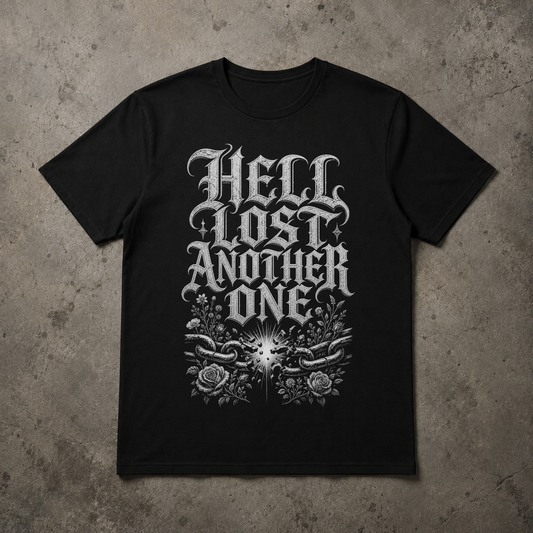 A black short-sleeve t-shirt with a large white gothic-style graphic reading 'HELL LOST ANOTHER ONE' above a floral and chain design, laid flat on a textured gray concrete background.