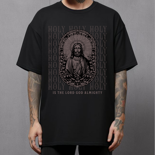 holy mens christian tshirt, black crewneck short sleeve christian tee