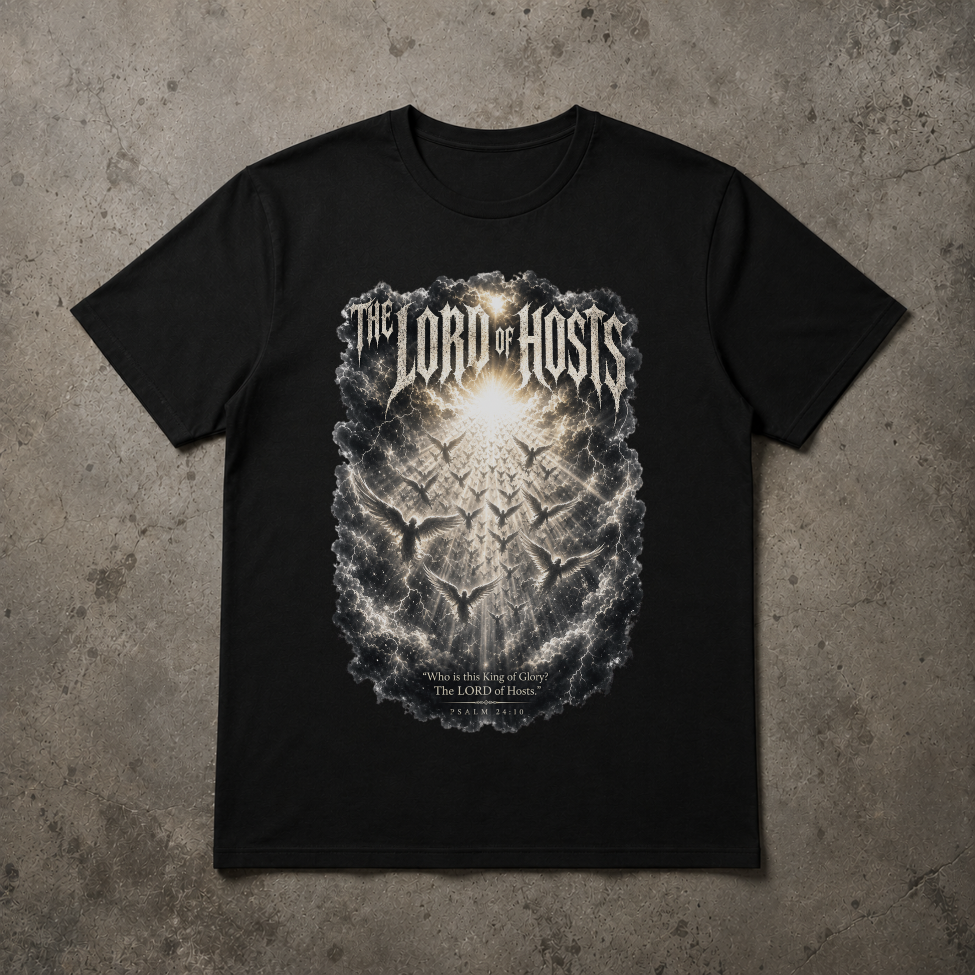 flat lay image of a black christian tshirt that says LORD OF HOSTS with an army of angels in the heavens