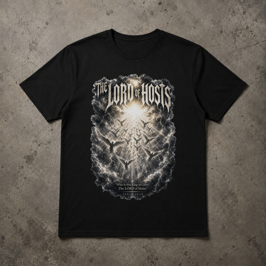 flat lay image of a black christian tshirt that says LORD OF HOSTS with an army of angels in the heavens