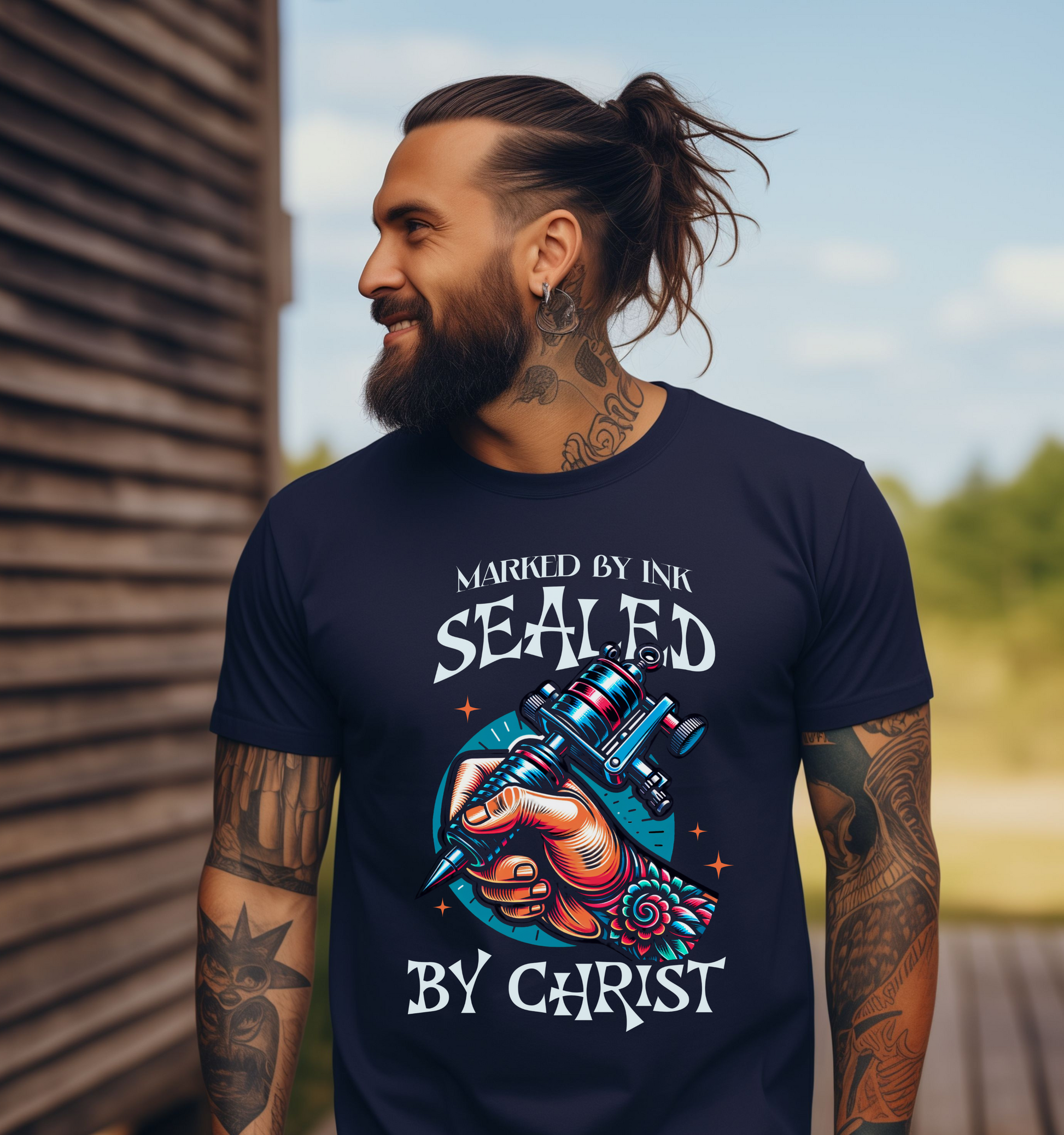 navy alternative christian shirt for tattooed men