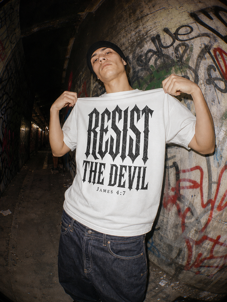 A man wearing a black beanie holds up a white t-shirt with 'RESIST THE DEVIL' printed in black gothic font, standing in a dark, graffiti-covered alleyway.