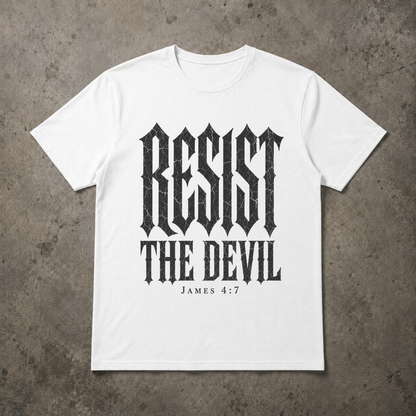 flat lay image of a white christian streetwear tshirt with black distressed gothic lettering RESIST THE DEVIL