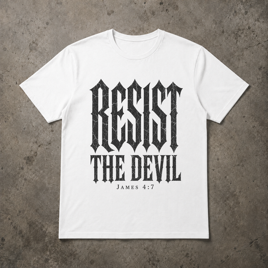 flat lay image of a white christian streetwear tshirt with black distressed gothic lettering RESIST THE DEVIL