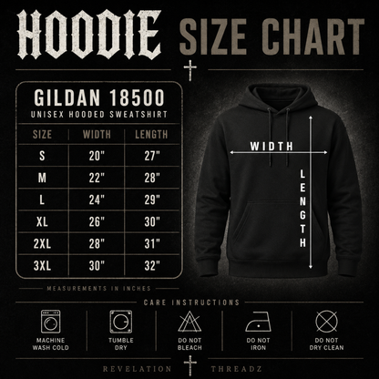 A black hoodie size chart graphic for Revelation Threadz, featuring a size table from Gildan 18500, care instructions, and a black hoodie with width and length measurement guides.