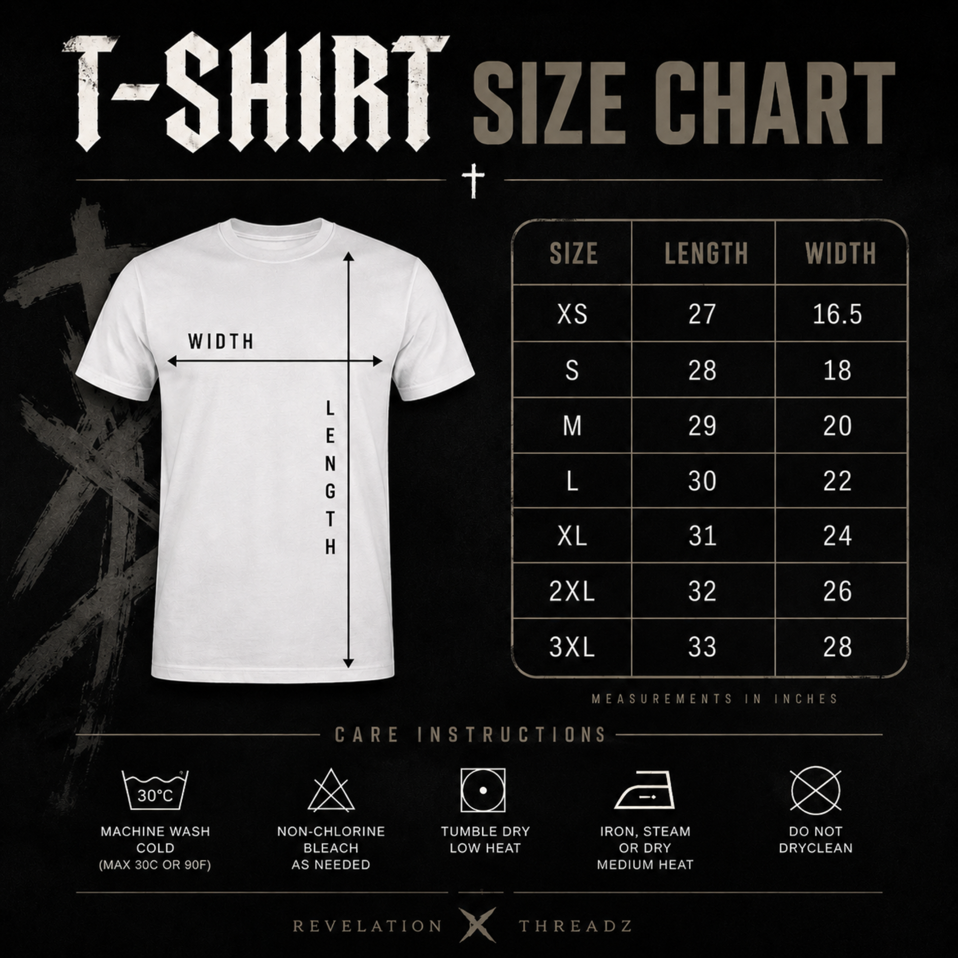 A size chart graphic for a t-shirt by Revelation Threadz, showing a white t-shirt with measurement arrows for width and length, a size table from XS to 3XL in inches, and care instruction icons on a black background.