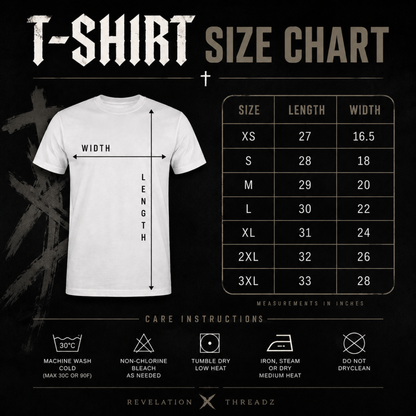 A size chart graphic for a t-shirt by Revelation Threadz, showing a white t-shirt with measurement arrows for width and length, a size table from XS to 3XL in inches, and care instruction icons on a black background.