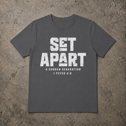 flat lay image of a asphalt color short sleeve tshirt that says SET APART in large white text and underneath A Chosen Generation