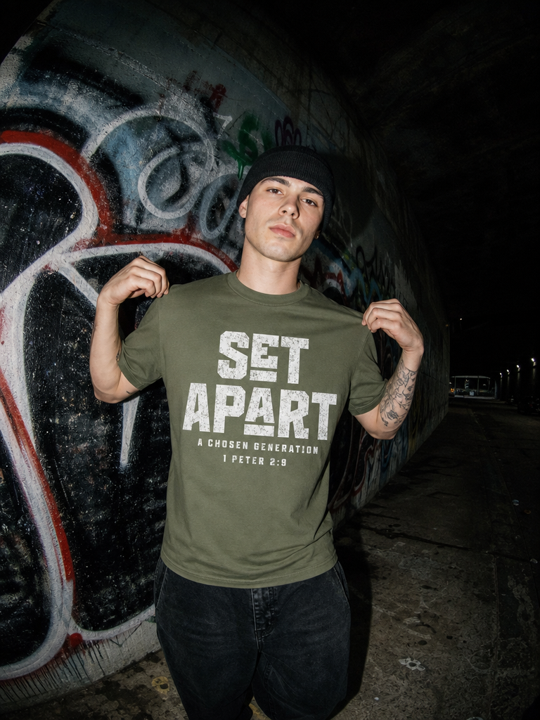 A man wearing an olive green graphic t-shirt with 'SET APART' printed in distressed white letters, posing in front of a graffiti-covered tunnel wall at night.