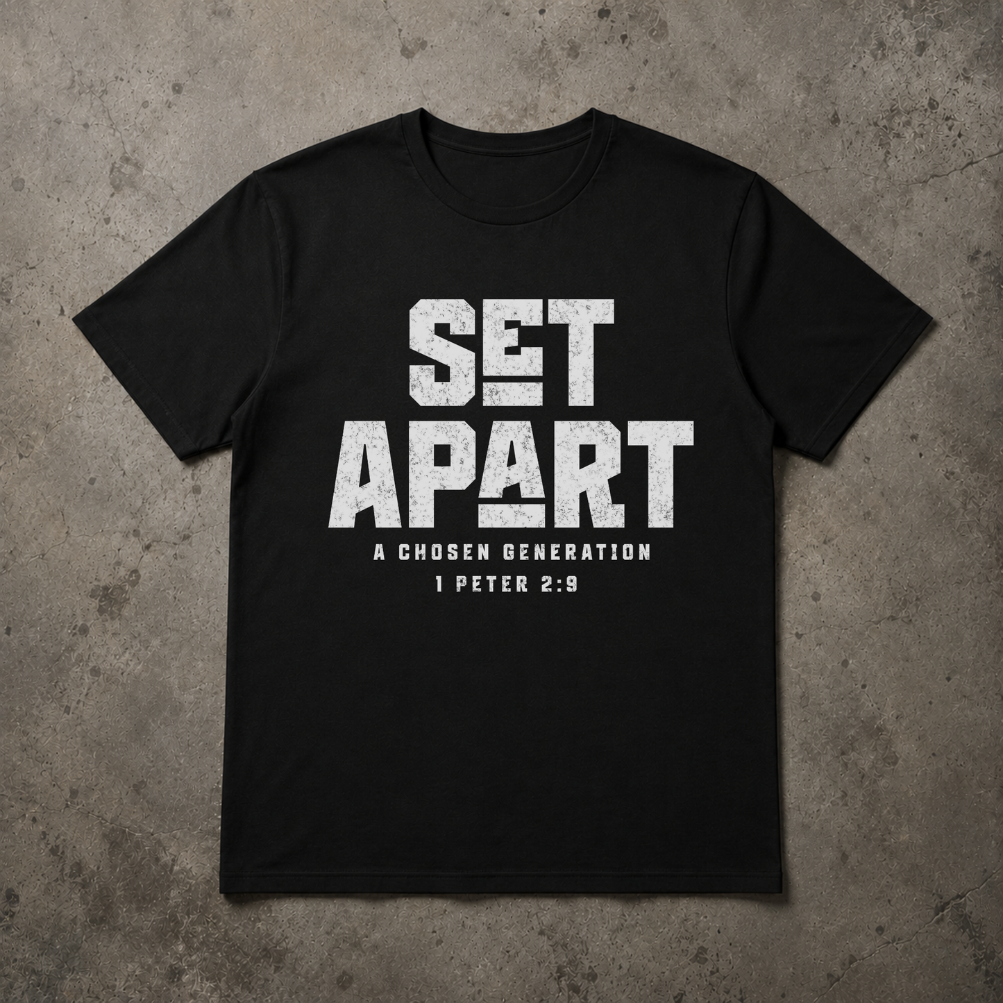 flat lay image of a black short sleeve tshirt that says SET APART in large white text and underneath A Chosen Generation