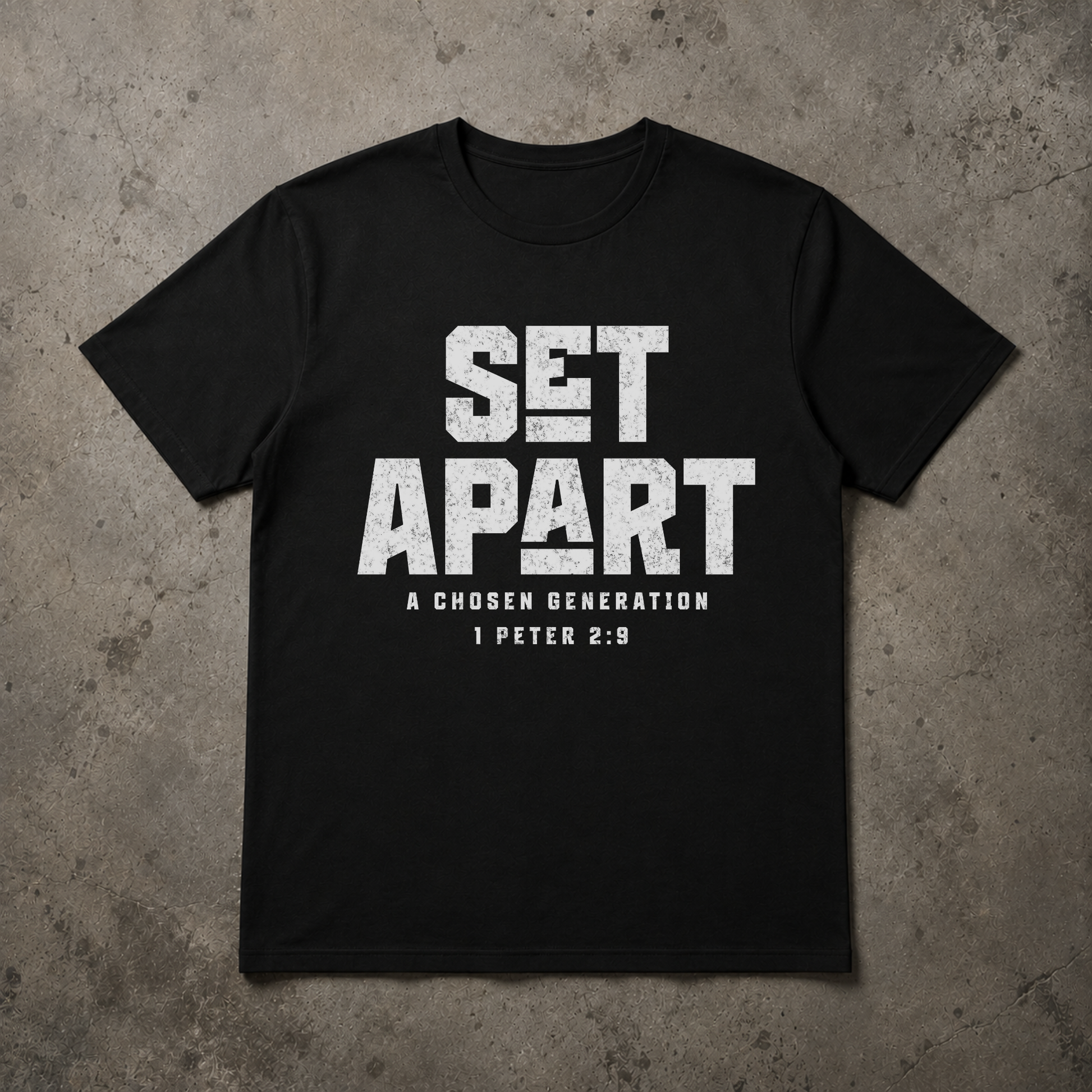 flat lay image of a black short sleeve tshirt that says SET APART in large white text and underneath A Chosen Generation