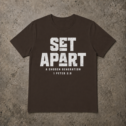 flat lay image of a brown short sleeve christian tshirt that says SET APART in large white text and underneath A Chosen Generation