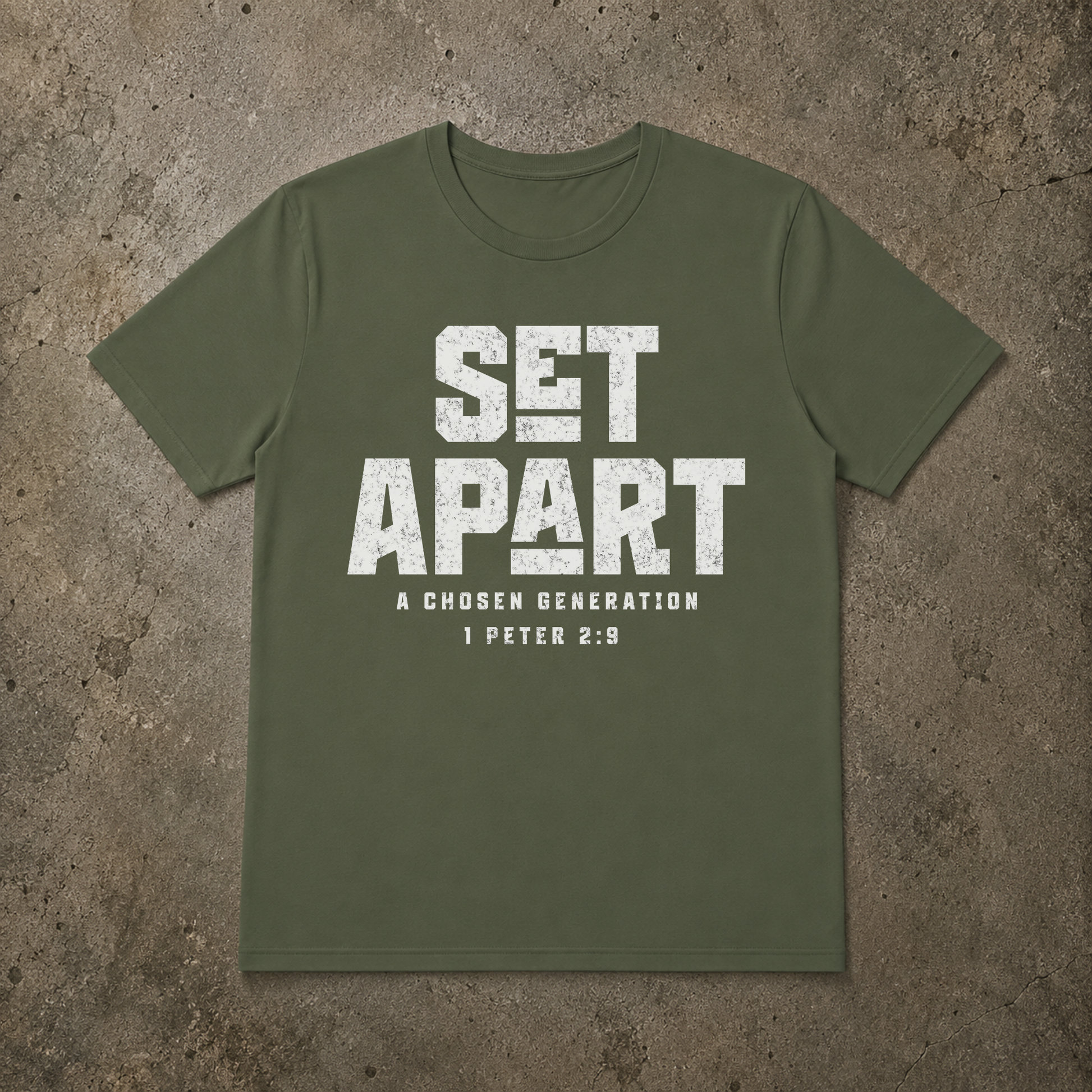 flat lay image of a military green short sleeve tshirt that says SET APART in large white text and underneath A Chosen Generation