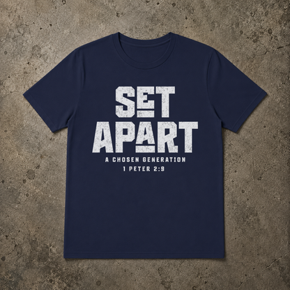 flat lay image of a navy short sleeve tshirt that says SET APART in large white text and underneath A Chosen Generation