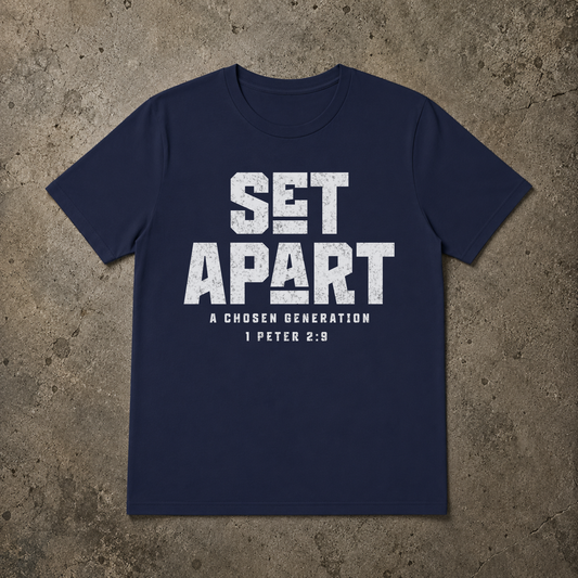 flat lay image of a navy short sleeve tshirt that says SET APART in large white text and underneath A Chosen Generation