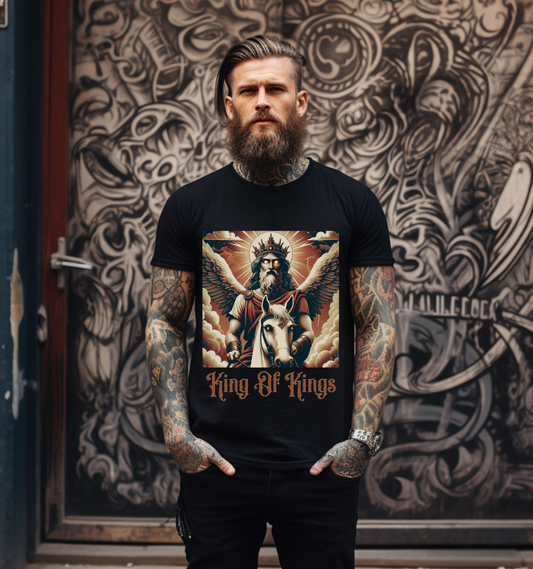 Black Alternative Christian tshirt that says King of Kings with a picture of Jesus as described in the Book of Revelation
