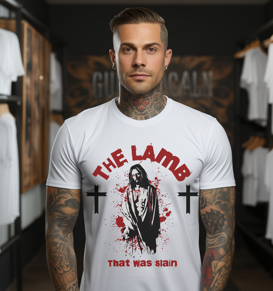 man wearing The Lamb That Was Slain Alternative Christian Shirt
