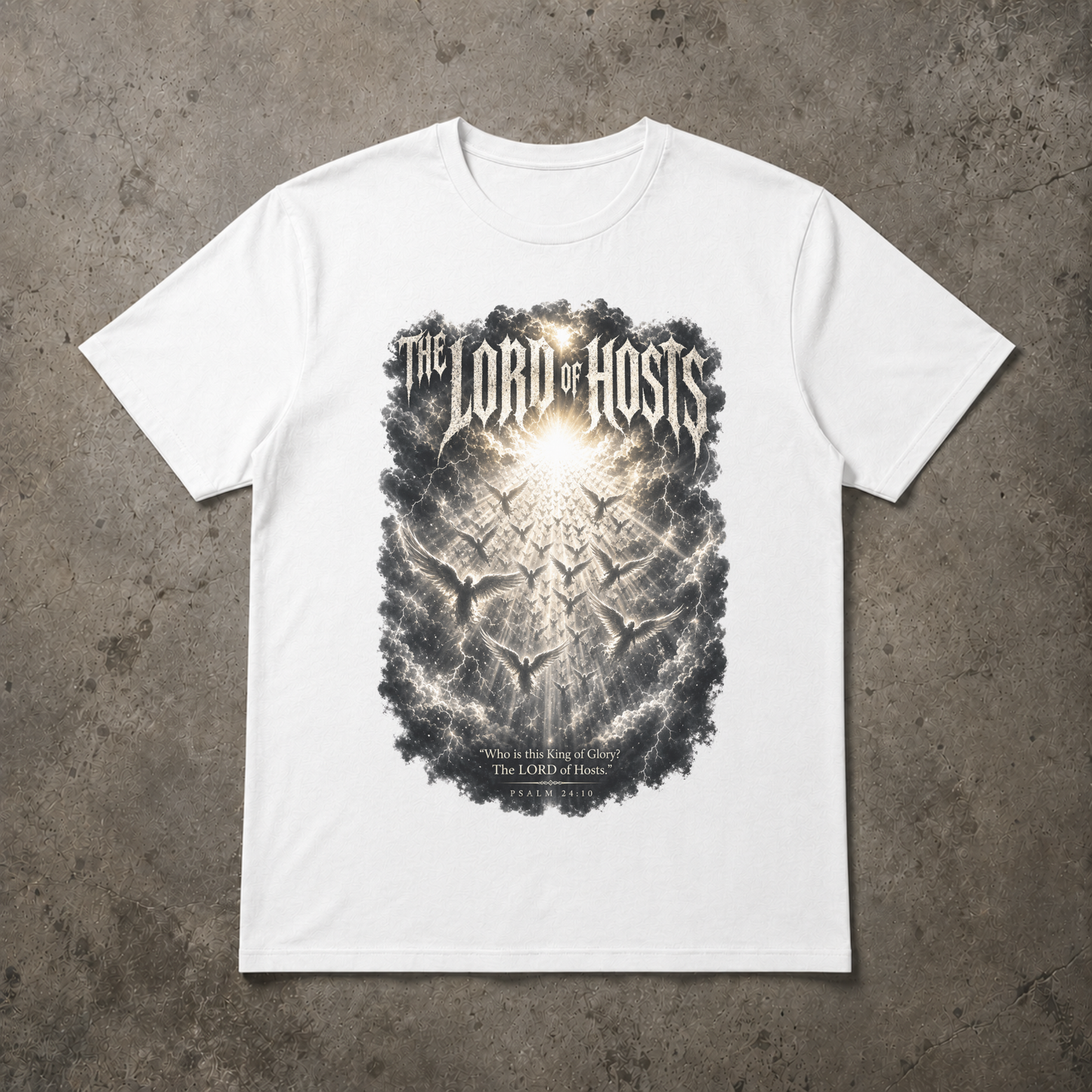 flat lay image of a white tshirt that says LORD OF HOSTS with an army of angels in the heavens