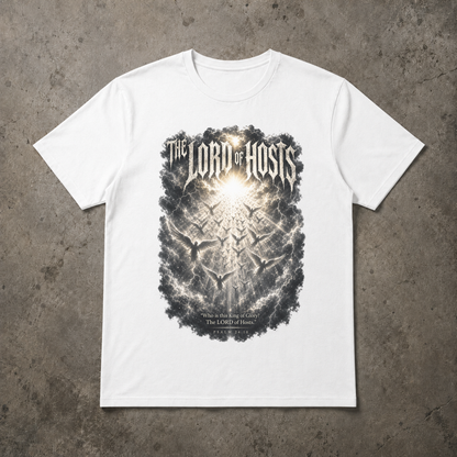 flat lay image of a white tshirt that says LORD OF HOSTS with an army of angels in the heavens