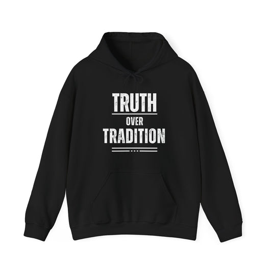 flat lay image of black truth over tradition christian hoodie white background
