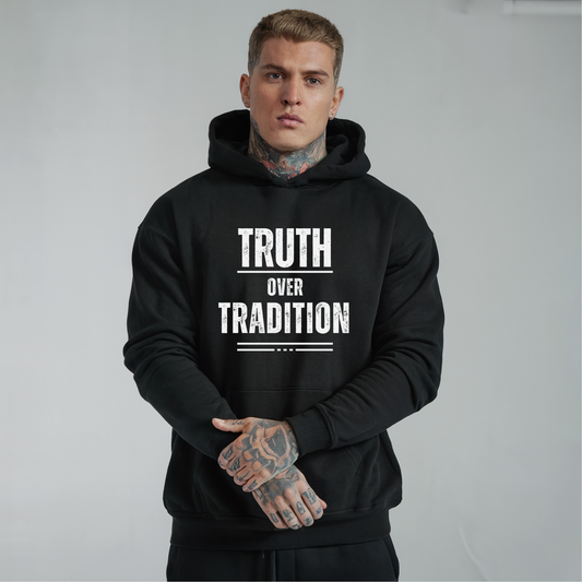 Man Wearing Unisex Truth Over Tradition- Christian Streetwear Hoodie