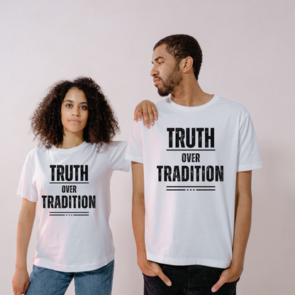 unisex christian tshirt white short sleeve truth over tradition