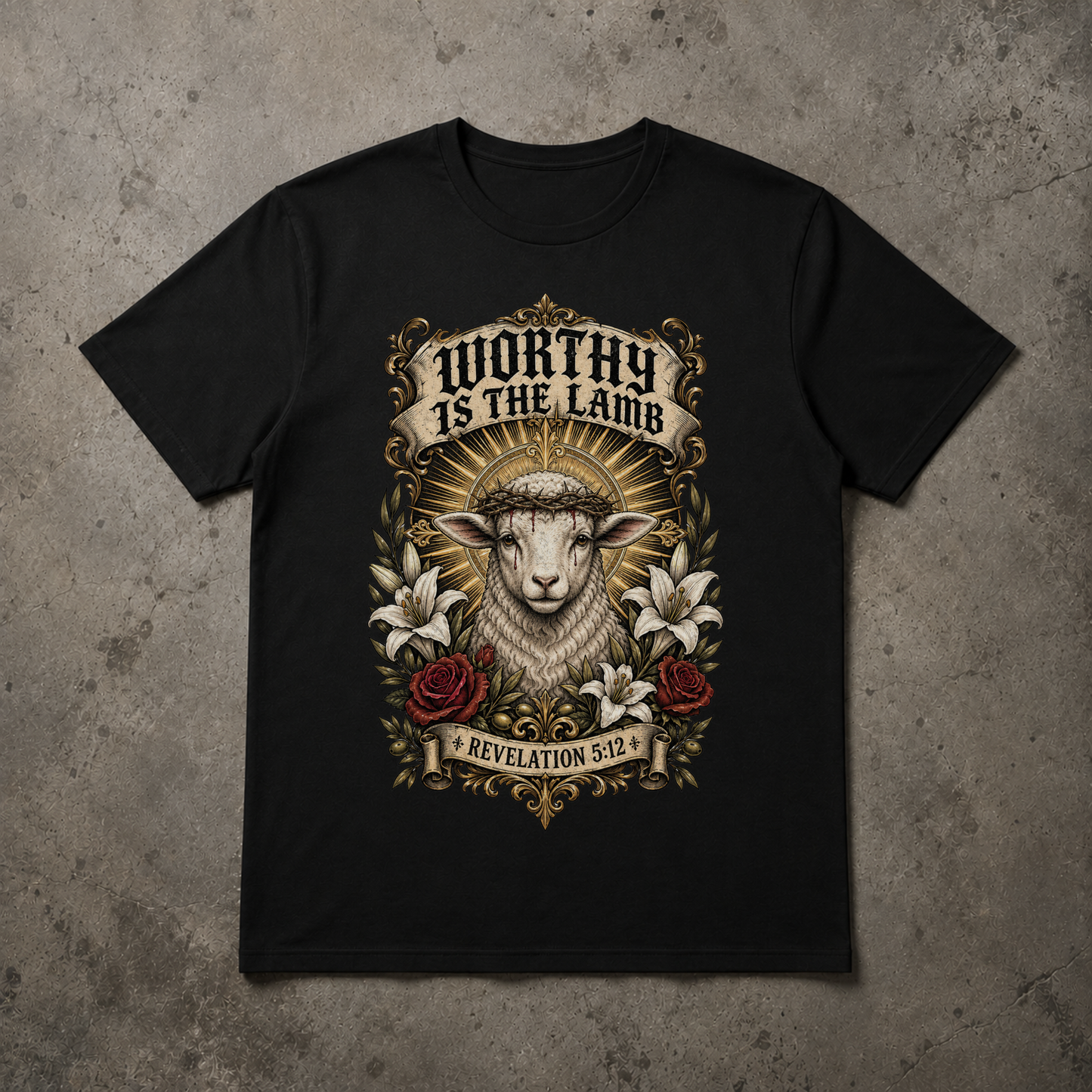 A black short-sleeve crewneck t-shirt with a detailed graphic print of a lamb wearing a crown of thorns, surrounded by lilies and roses, with the text 'WORTHY IS THE LAMB' and 'REVELATION 5:2'. The t-shirt is displayed flat on a textured gray concrete background.