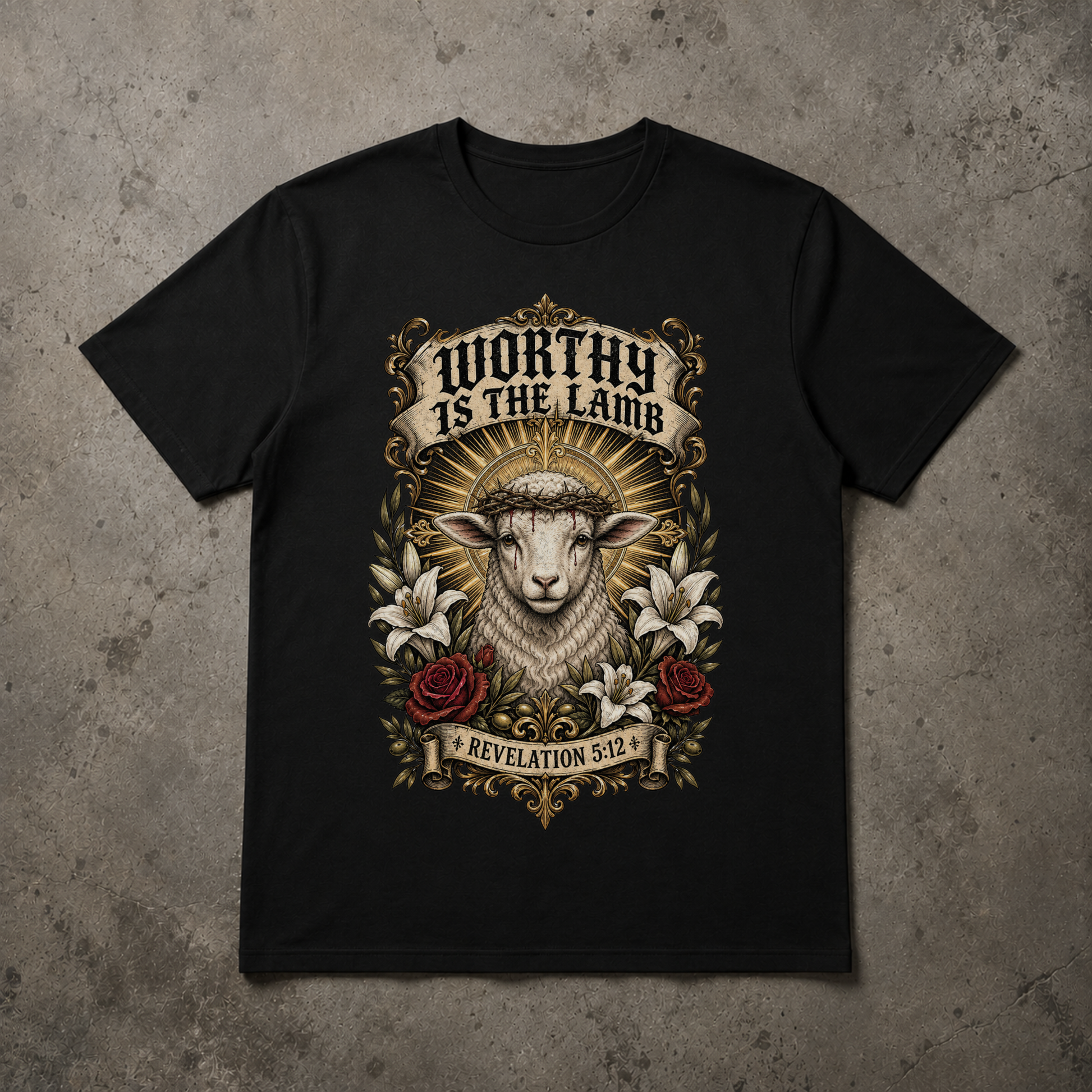 A black short-sleeve crewneck t-shirt with a detailed graphic print of a lamb wearing a crown of thorns, surrounded by lilies and roses, with the text 'WORTHY IS THE LAMB' and 'REVELATION 5:2'. The t-shirt is displayed flat on a textured gray concrete background.
