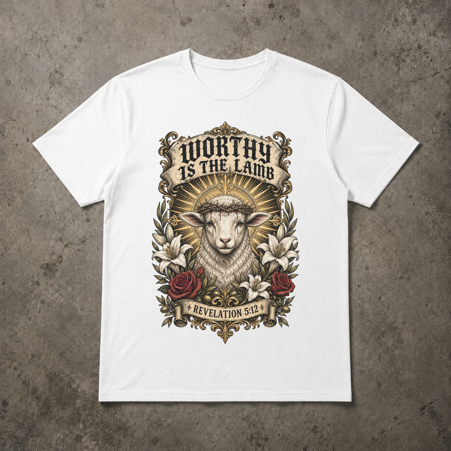 A white short-sleeve crewneck t-shirt with a detailed graphic print of a lamb wearing a crown of thorns, surrounded by lilies and roses, with the text 'WORTHY IS THE LAMB' and 'REVELATION 5:2'. The t-shirt is displayed flat on a textured gray concrete background.